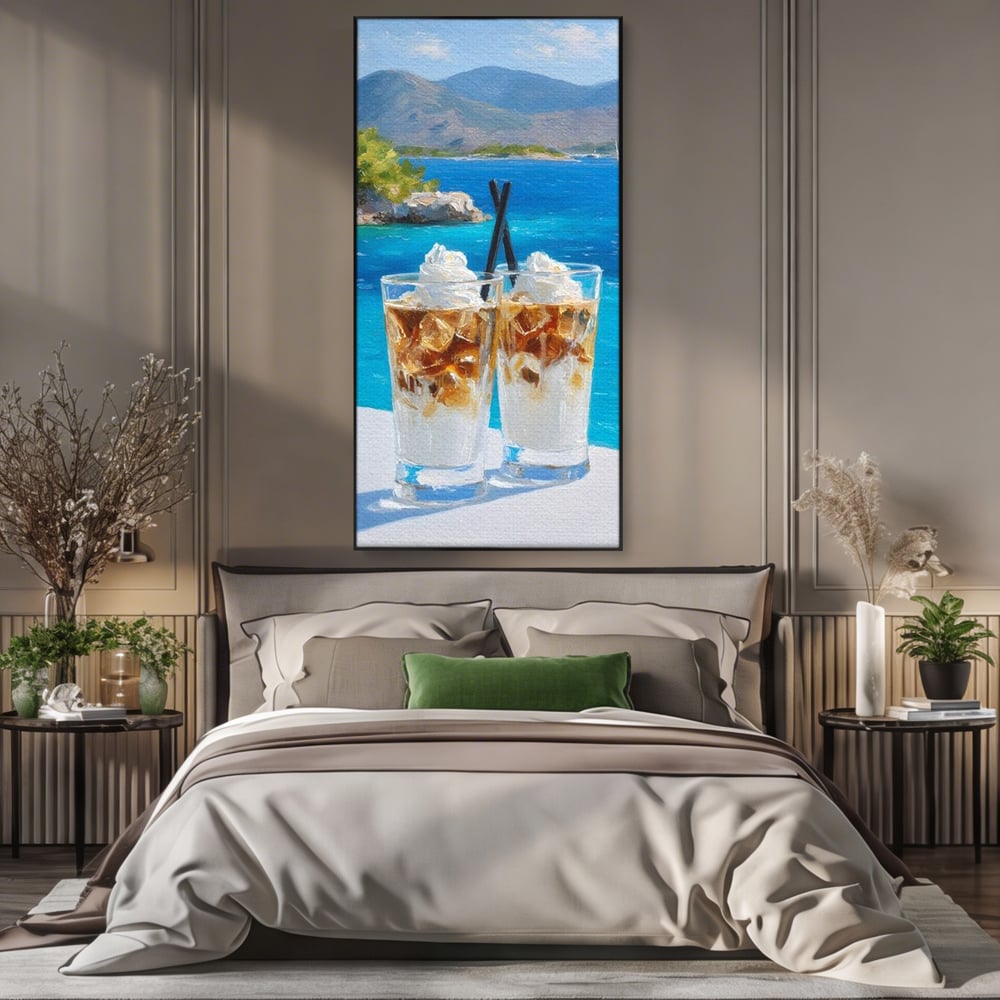 Tablou Canvas Premium, LuxCanva® N1049, Escapada cu Gust, Cafea, Frappe, Pahare, Frisca, Gheata, Latte, Vacanta, Rasfat, Priveliste, Ocean, Pub, Cafenea, Bar, Restaurant, Bucatarie