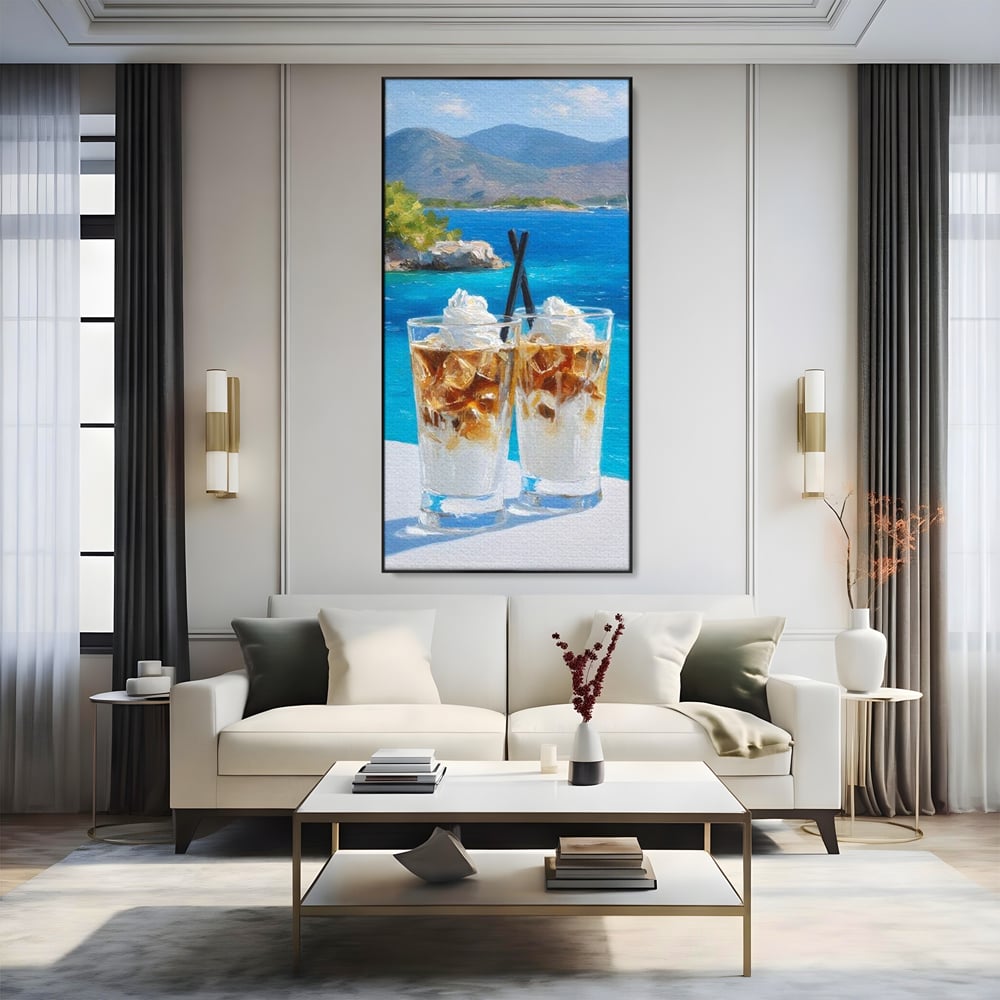 Tablou Canvas Premium, LuxCanva® N1049, Escapada cu Gust, Cafea, Frappe, Pahare, Frisca, Gheata, Latte, Vacanta, Rasfat, Priveliste, Ocean, Pub, Cafenea, Bar, Restaurant, Bucatarie
