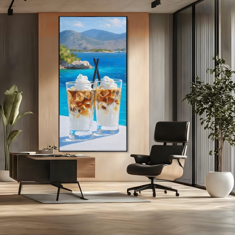Tablou Canvas Premium, LuxCanva® N1049, Escapada cu Gust, Cafea, Frappe, Pahare, Frisca, Gheata, Latte, Vacanta, Rasfat, Priveliste, Ocean, Pub, Cafenea, Bar, Restaurant, Bucatarie