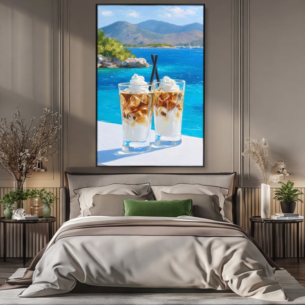 Tablou Canvas Premium, LuxCanva® N1049, Escapada cu Gust, Cafea, Frappe, Pahare, Frisca, Gheata, Latte, Vacanta, Rasfat, Priveliste, Ocean, Pub, Cafenea, Bar, Restaurant, Bucatarie