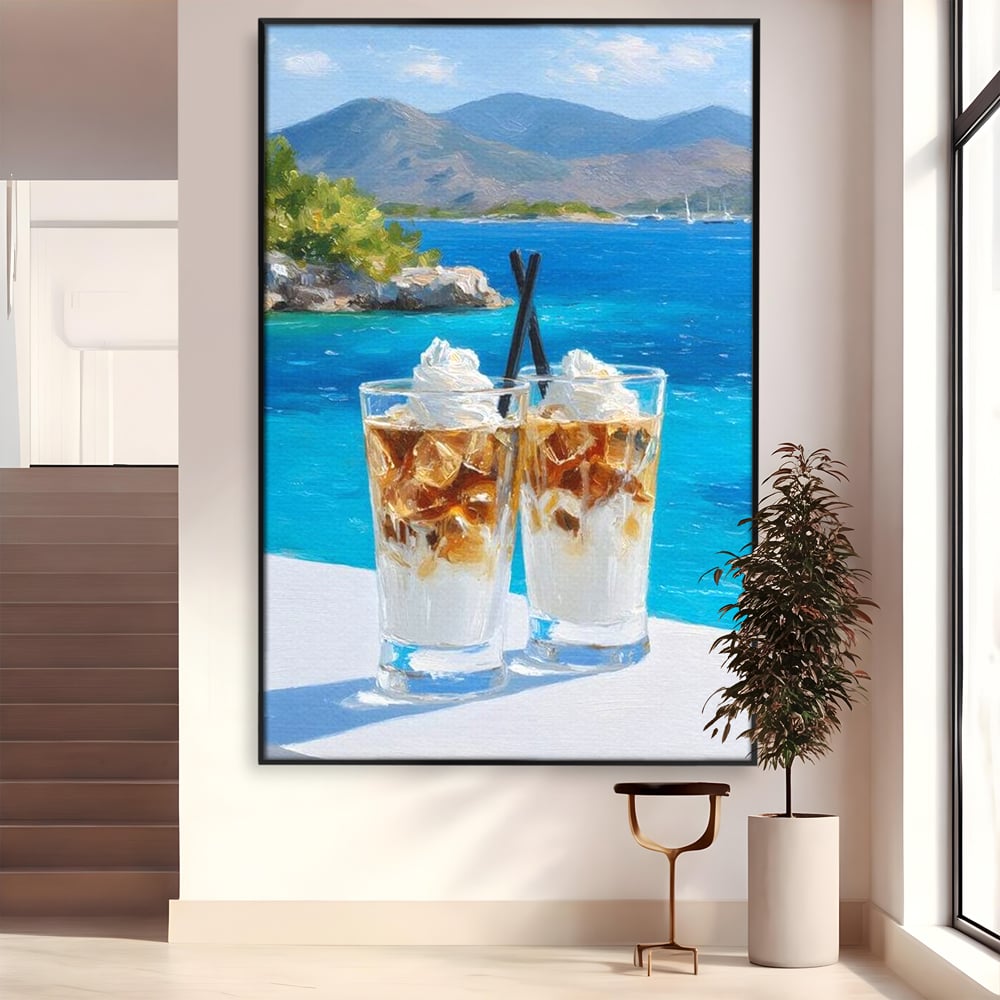 Tablou Canvas Premium, LuxCanva® N1049, Escapada cu Gust, Cafea, Frappe, Pahare, Frisca, Gheata, Latte, Vacanta, Rasfat, Priveliste, Ocean, Pub, Cafenea, Bar, Restaurant, Bucatarie