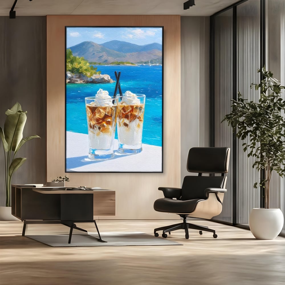 Tablou Canvas Premium, LuxCanva® N1049, Escapada cu Gust, Cafea, Frappe, Pahare, Frisca, Gheata, Latte, Vacanta, Rasfat, Priveliste, Ocean, Pub, Cafenea, Bar, Restaurant, Bucatarie