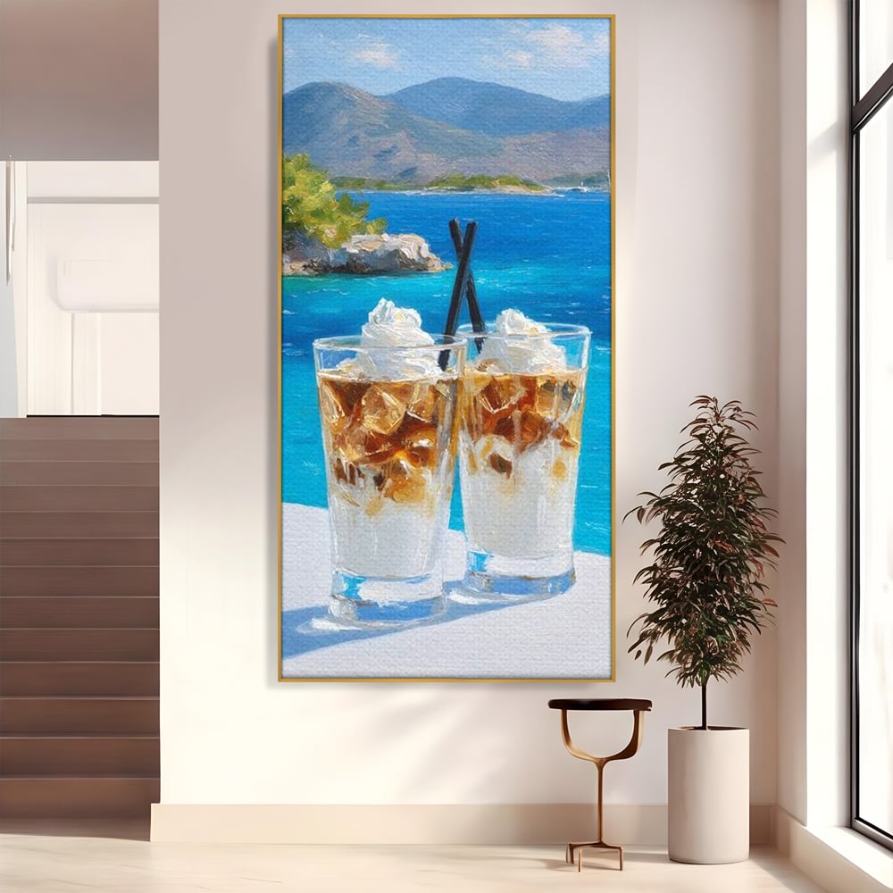 Tablou Canvas Premium, LuxCanva® N1049, Escapada cu Gust, Cafea, Frappe, Pahare, Frisca, Gheata, Latte, Vacanta, Rasfat, Priveliste, Ocean, Pub, Cafenea, Bar, Restaurant, Bucatarie