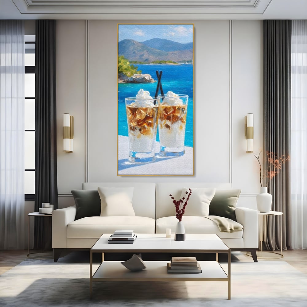 Tablou Canvas Premium, LuxCanva® N1049, Escapada cu Gust, Cafea, Frappe, Pahare, Frisca, Gheata, Latte, Vacanta, Rasfat, Priveliste, Ocean, Pub, Cafenea, Bar, Restaurant, Bucatarie