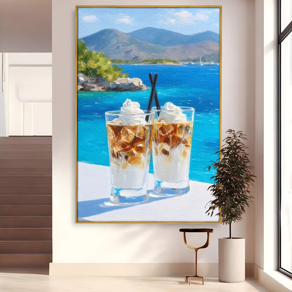 Tablou Canvas Premium, LuxCanva® N1049, Escapada cu Gust, Cafea, Frappe, Pahare, Frisca, Gheata, Latte, Vacanta, Rasfat, Priveliste, Ocean, Pub, Cafenea, Bar, Restaurant, Bucatarie