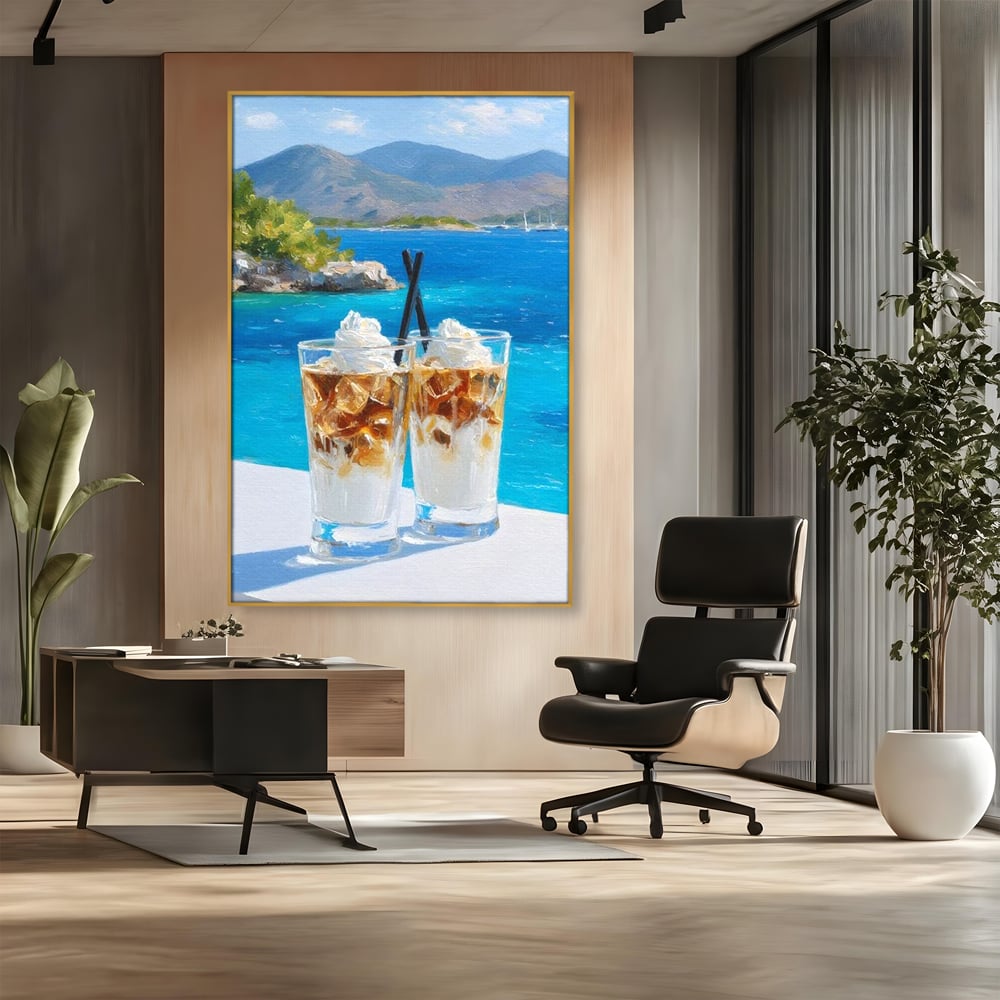 Tablou Canvas Premium, LuxCanva® N1049, Escapada cu Gust, Cafea, Frappe, Pahare, Frisca, Gheata, Latte, Vacanta, Rasfat, Priveliste, Ocean, Pub, Cafenea, Bar, Restaurant, Bucatarie