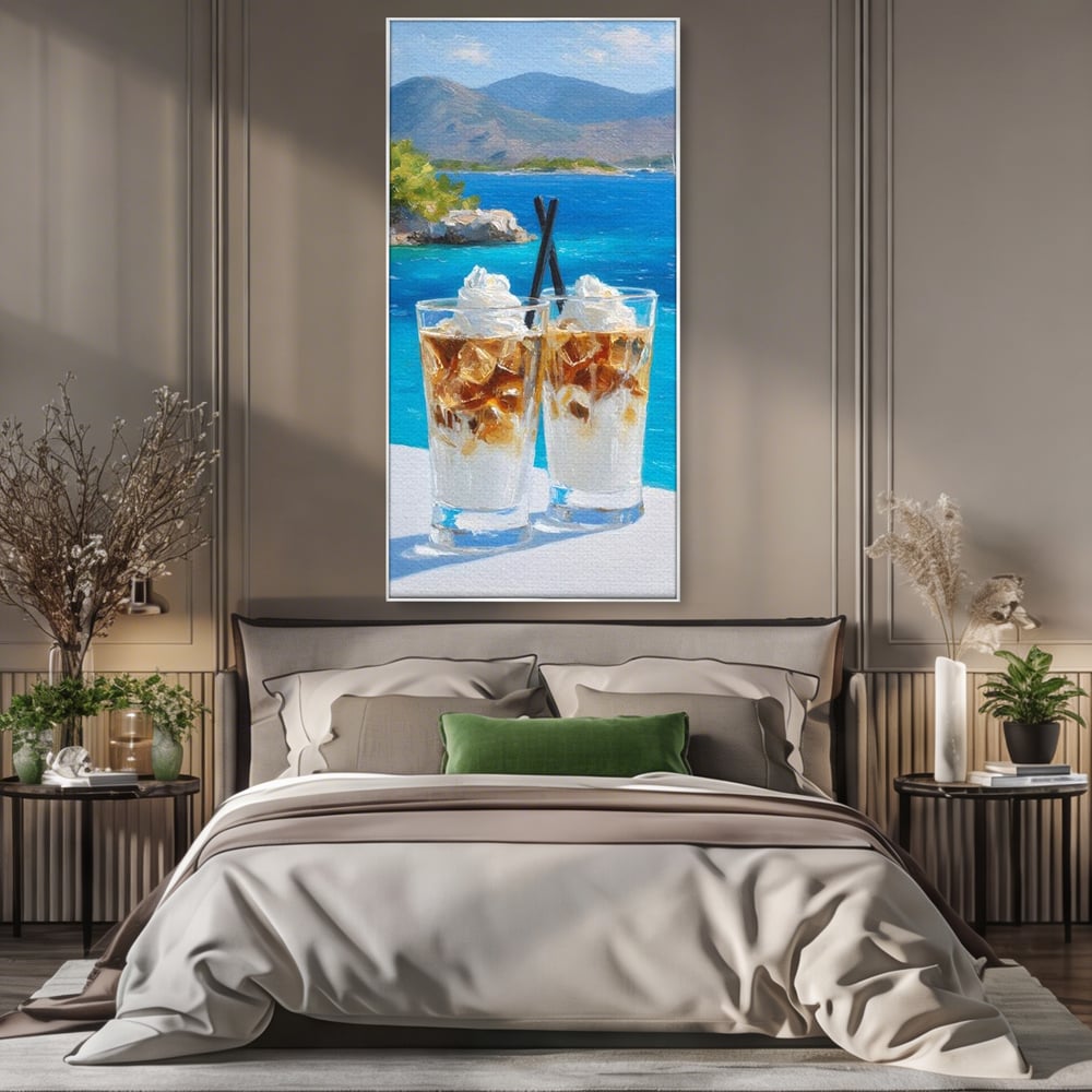 Tablou Canvas Premium, LuxCanva® N1049, Escapada cu Gust, Cafea, Frappe, Pahare, Frisca, Gheata, Latte, Vacanta, Rasfat, Priveliste, Ocean, Pub, Cafenea, Bar, Restaurant, Bucatarie