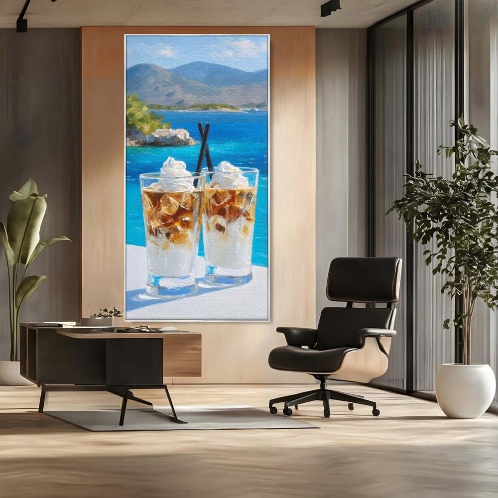 Tablou Canvas Premium, LuxCanva® N1049, Escapada cu Gust, Cafea, Frappe, Pahare, Frisca, Gheata, Latte, Vacanta, Rasfat, Priveliste, Ocean, Pub, Cafenea, Bar, Restaurant, Bucatarie