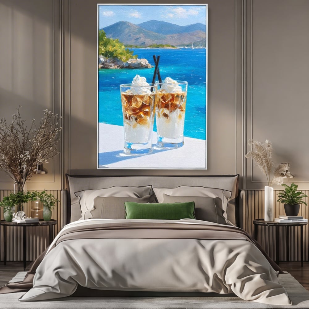 Tablou Canvas Premium, LuxCanva® N1049, Escapada cu Gust, Cafea, Frappe, Pahare, Frisca, Gheata, Latte, Vacanta, Rasfat, Priveliste, Ocean, Pub, Cafenea, Bar, Restaurant, Bucatarie