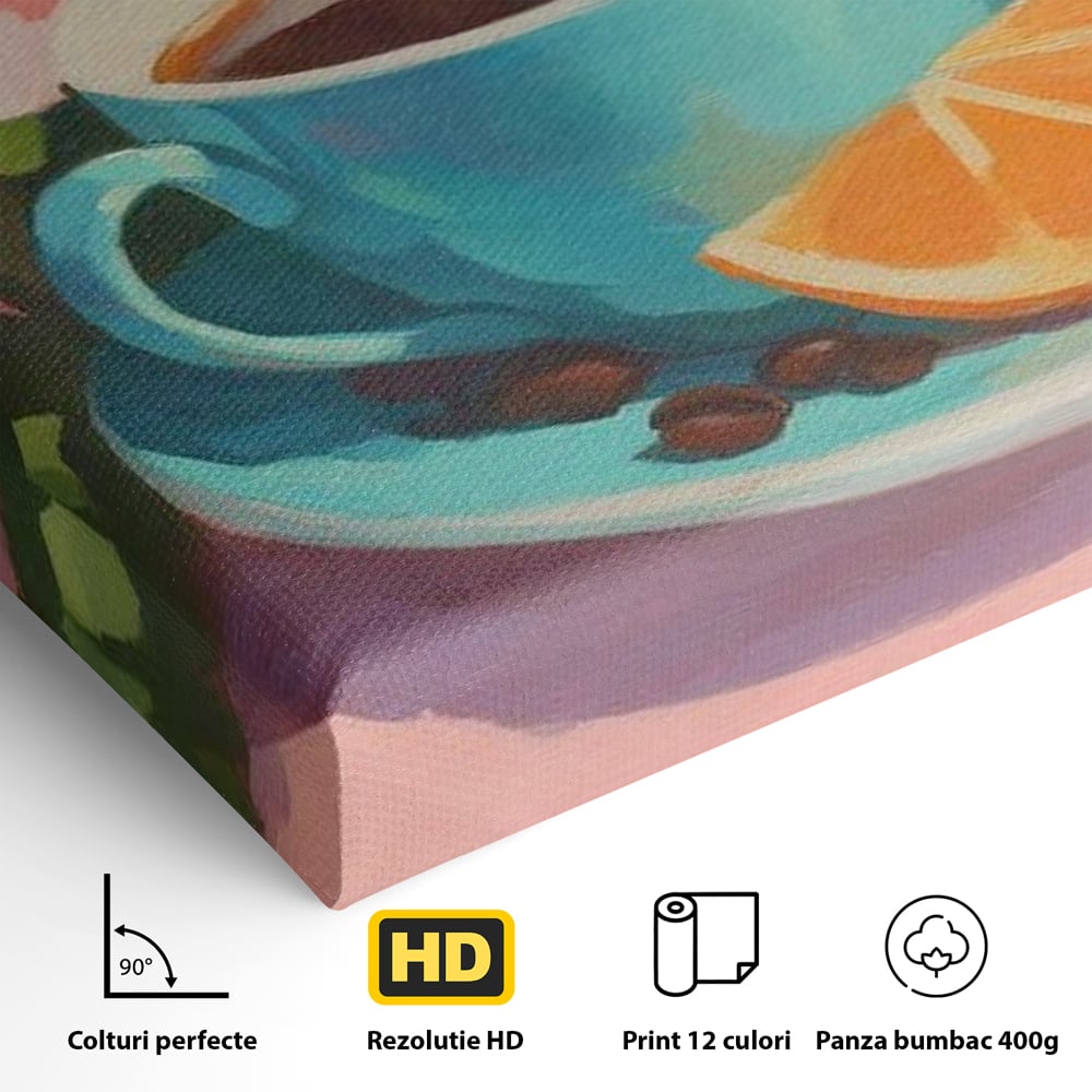 Tablou Canvas Premium, LuxCanva® N1050, Dimineti Tropicale, Ceasca, Cafea, Boabe, Portocale, Citrice, Flori, Prospetime, Exotic, Energie, Parfumat, Pub, Cafenea, Bar, Restaurant, Bucatarie