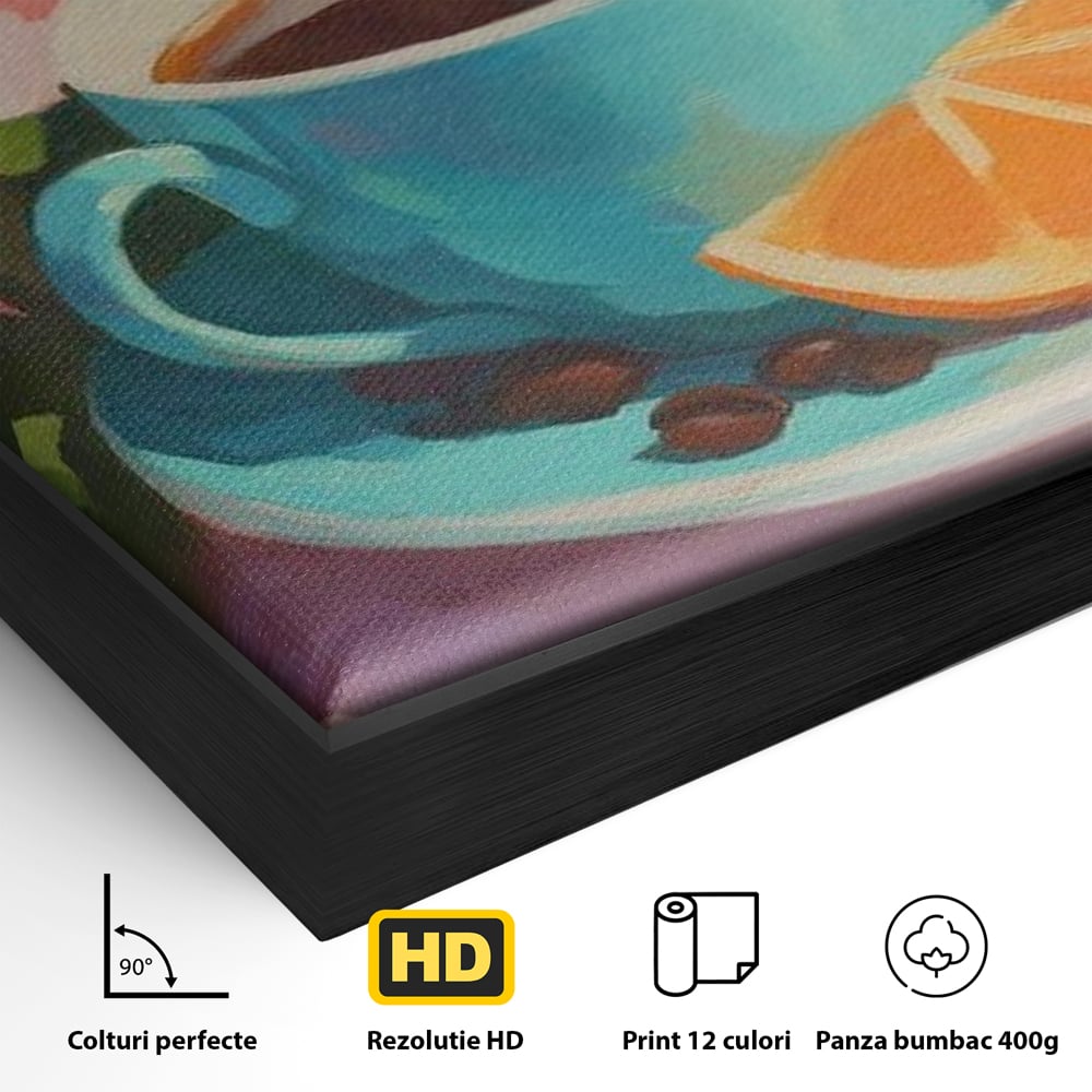 Tablou Canvas Premium, LuxCanva® N1050, Dimineti Tropicale, Ceasca, Cafea, Boabe, Portocale, Citrice, Flori, Prospetime, Exotic, Energie, Parfumat, Pub, Cafenea, Bar, Restaurant, Bucatarie