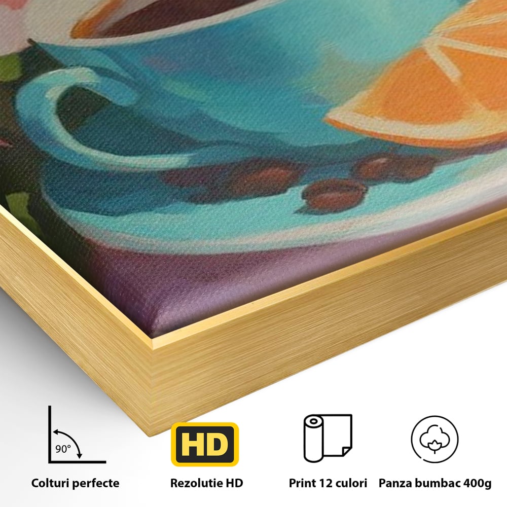 Tablou Canvas Premium, LuxCanva® N1050, Dimineti Tropicale, Ceasca, Cafea, Boabe, Portocale, Citrice, Flori, Prospetime, Exotic, Energie, Parfumat, Pub, Cafenea, Bar, Restaurant, Bucatarie