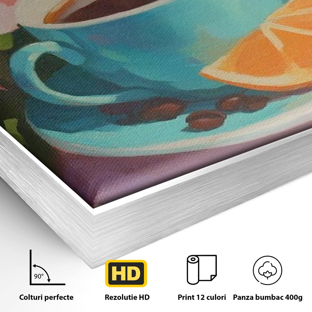 Tablou Canvas Premium, LuxCanva® N1050, Dimineti Tropicale, Ceasca, Cafea, Boabe, Portocale, Citrice, Flori, Prospetime, Exotic, Energie, Parfumat, Pub, Cafenea, Bar, Restaurant, Bucatarie