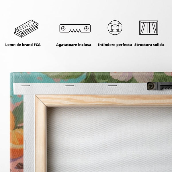 Tablou Canvas Premium, LuxCanva® N1050, Dimineti Tropicale, Ceasca, Cafea, Boabe, Portocale, Citrice, Flori, Prospetime, Exotic, Energie, Parfumat, Pub, Cafenea, Bar, Restaurant, Bucatarie