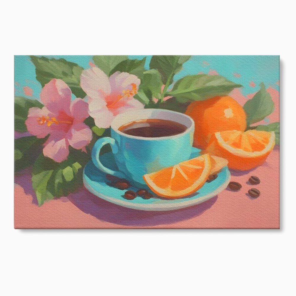 Tablou Canvas Premium, LuxCanva® N1050, Dimineti Tropicale, Ceasca, Cafea, Boabe, Portocale, Citrice, Flori, Prospetime, Exotic, Energie, Parfumat, Pub, Cafenea, Bar, Restaurant, Bucatarie