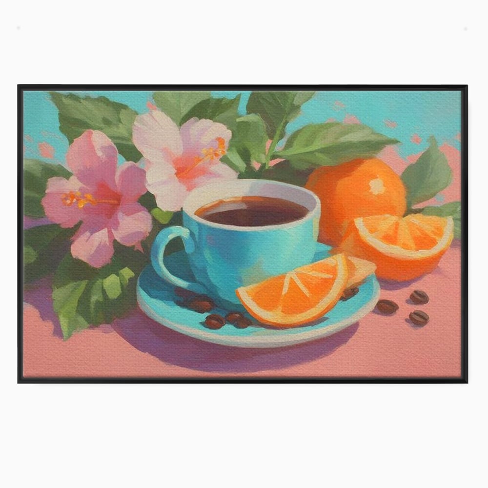 Tablou Canvas Premium, LuxCanva® N1050, Dimineti Tropicale, Ceasca, Cafea, Boabe, Portocale, Citrice, Flori, Prospetime, Exotic, Energie, Parfumat, Pub, Cafenea, Bar, Restaurant, Bucatarie