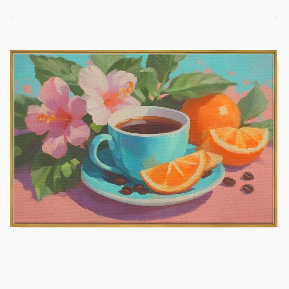Tablou Canvas Premium, LuxCanva® N1050, Dimineti Tropicale, Ceasca, Cafea, Boabe, Portocale, Citrice, Flori, Prospetime, Exotic, Energie, Parfumat, Pub, Cafenea, Bar, Restaurant, Bucatarie