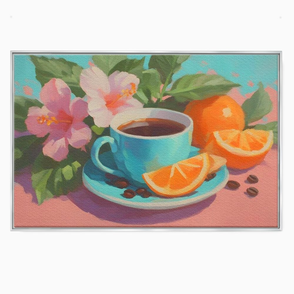 Tablou Canvas Premium, LuxCanva® N1050, Dimineti Tropicale, Ceasca, Cafea, Boabe, Portocale, Citrice, Flori, Prospetime, Exotic, Energie, Parfumat, Pub, Cafenea, Bar, Restaurant, Bucatarie