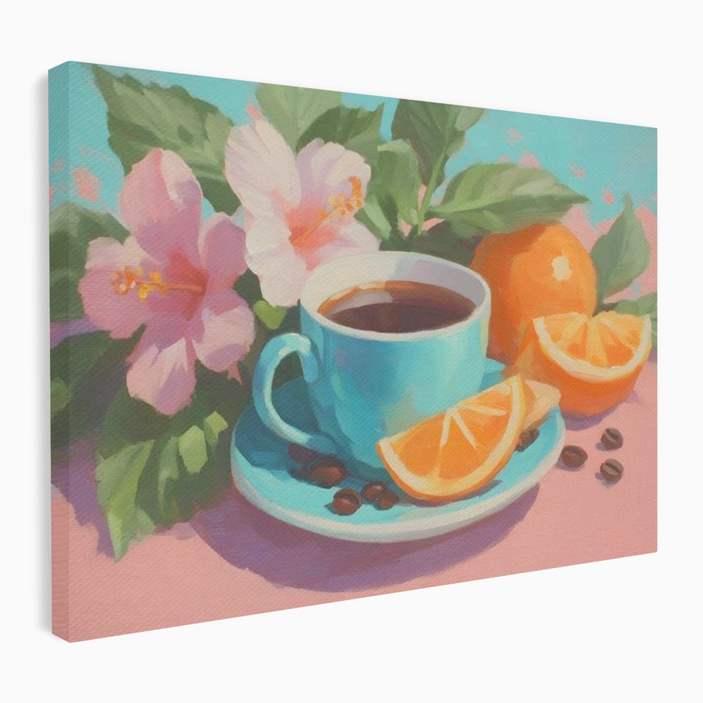 Tablou Canvas Premium, LuxCanva® N1050, Dimineti Tropicale, Ceasca, Cafea, Boabe, Portocale, Citrice, Flori, Prospetime, Exotic, Energie, Parfumat, Pub, Cafenea, Bar, Restaurant, Bucatarie