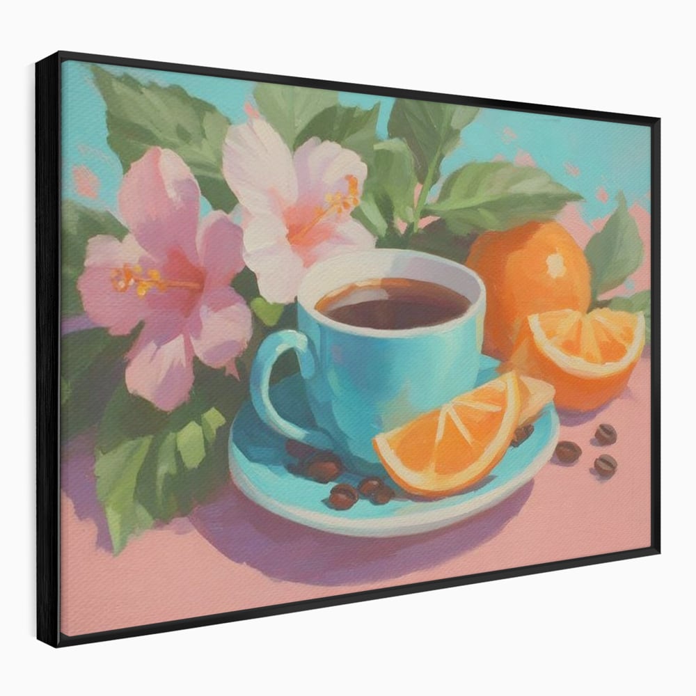 Tablou Canvas Premium, LuxCanva® N1050, Dimineti Tropicale, Ceasca, Cafea, Boabe, Portocale, Citrice, Flori, Prospetime, Exotic, Energie, Parfumat, Pub, Cafenea, Bar, Restaurant, Bucatarie