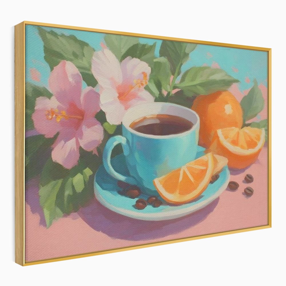 Tablou Canvas Premium, LuxCanva® N1050, Dimineti Tropicale, Ceasca, Cafea, Boabe, Portocale, Citrice, Flori, Prospetime, Exotic, Energie, Parfumat, Pub, Cafenea, Bar, Restaurant, Bucatarie