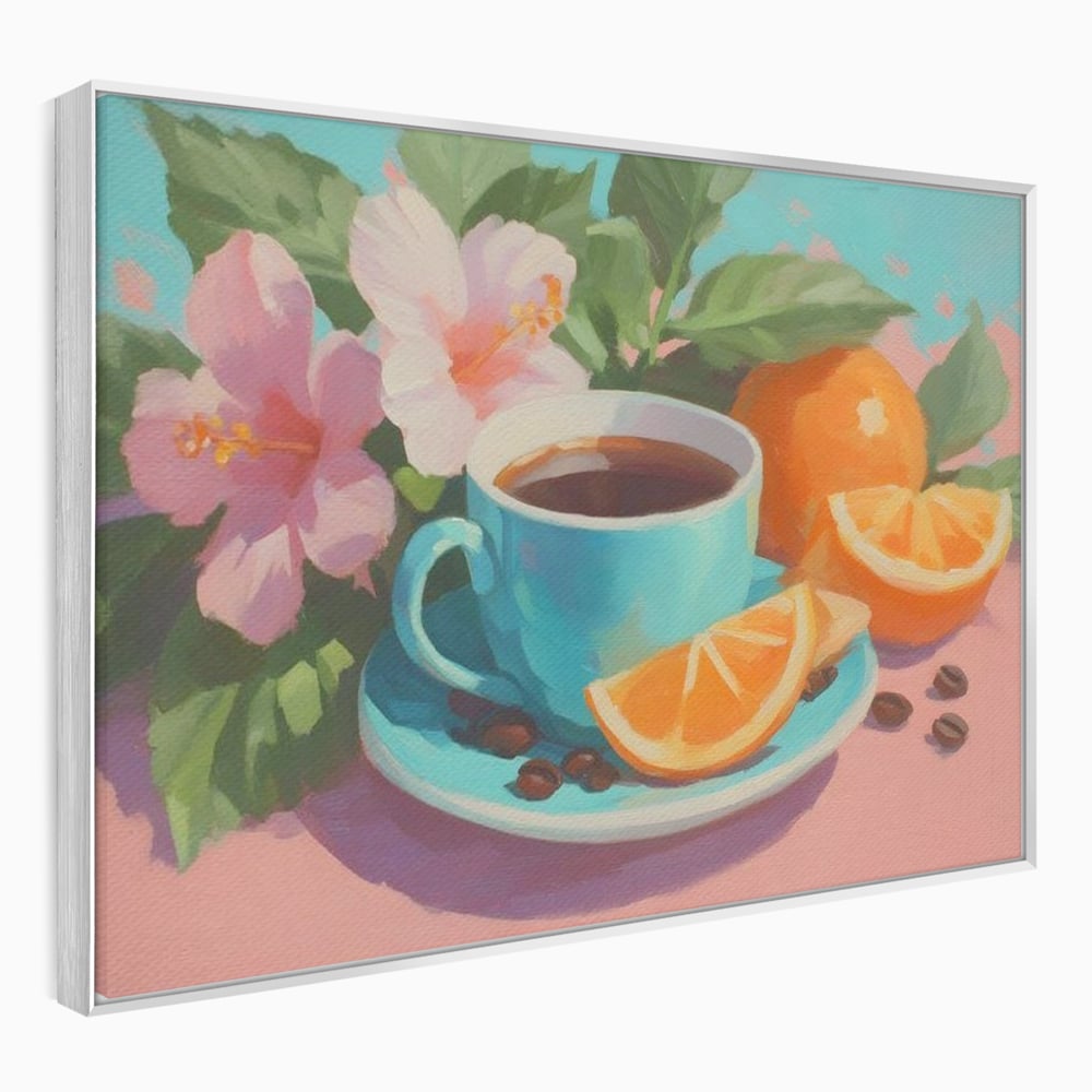 Tablou Canvas Premium, LuxCanva® N1050, Dimineti Tropicale, Ceasca, Cafea, Boabe, Portocale, Citrice, Flori, Prospetime, Exotic, Energie, Parfumat, Pub, Cafenea, Bar, Restaurant, Bucatarie