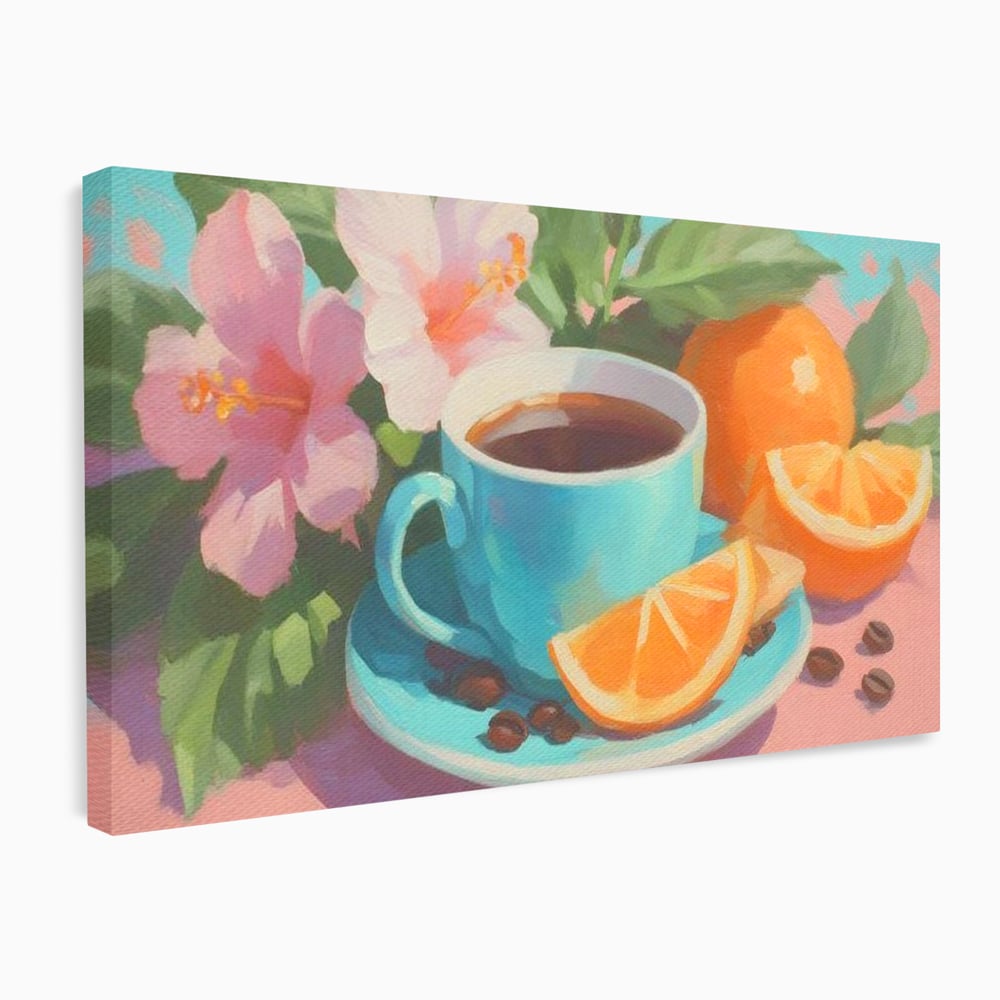 Tablou Canvas Premium, LuxCanva® N1050, Dimineti Tropicale, Ceasca, Cafea, Boabe, Portocale, Citrice, Flori, Prospetime, Exotic, Energie, Parfumat, Pub, Cafenea, Bar, Restaurant, Bucatarie