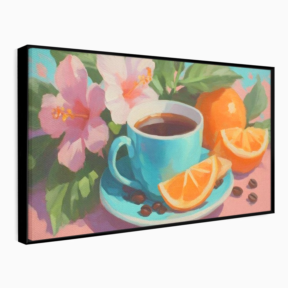 Tablou Canvas Premium, LuxCanva® N1050, Dimineti Tropicale, Ceasca, Cafea, Boabe, Portocale, Citrice, Flori, Prospetime, Exotic, Energie, Parfumat, Pub, Cafenea, Bar, Restaurant, Bucatarie