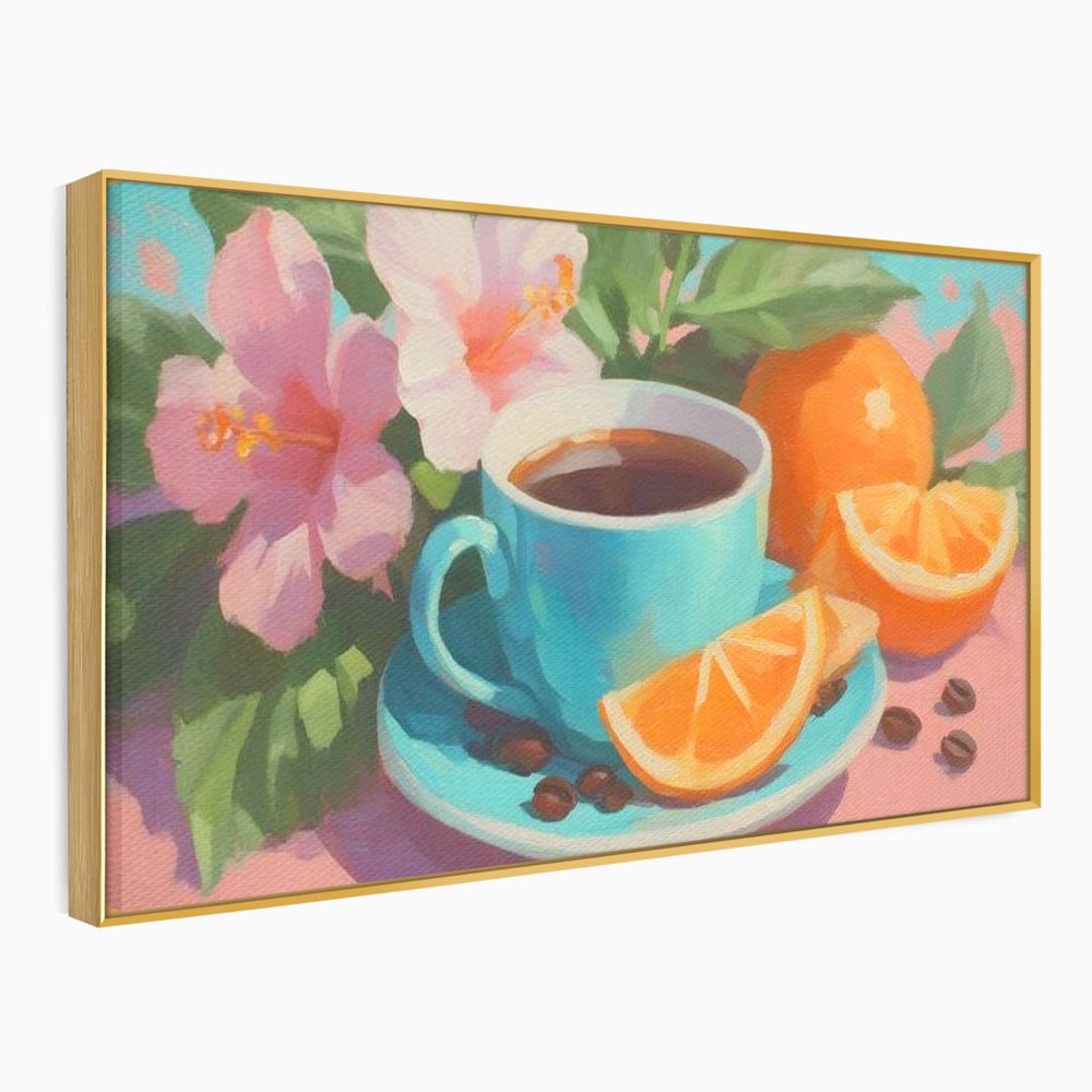 Tablou Canvas Premium, LuxCanva® N1050, Dimineti Tropicale, Ceasca, Cafea, Boabe, Portocale, Citrice, Flori, Prospetime, Exotic, Energie, Parfumat, Pub, Cafenea, Bar, Restaurant, Bucatarie