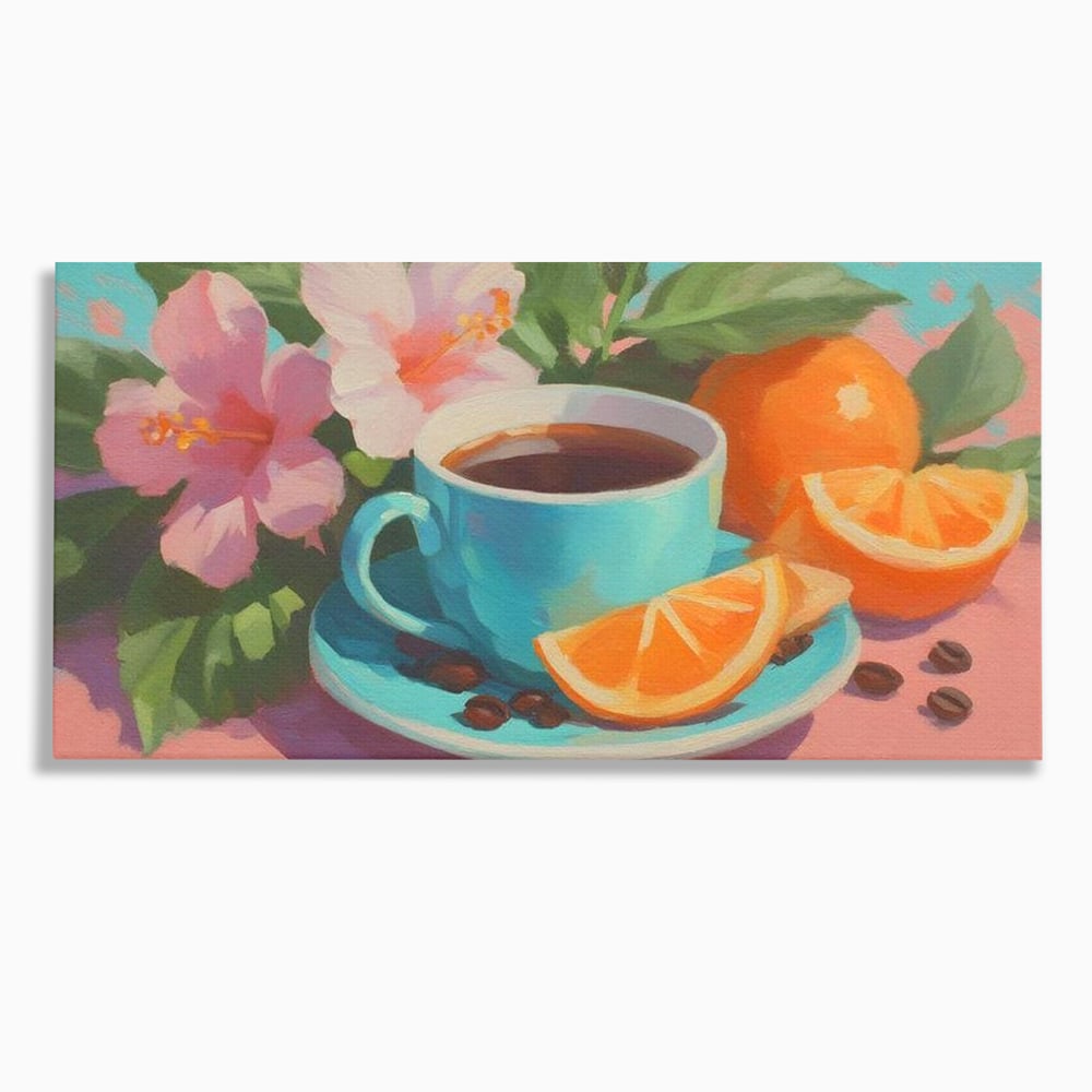 Tablou Canvas Premium, LuxCanva® N1050, Dimineti Tropicale, Ceasca, Cafea, Boabe, Portocale, Citrice, Flori, Prospetime, Exotic, Energie, Parfumat, Pub, Cafenea, Bar, Restaurant, Bucatarie
