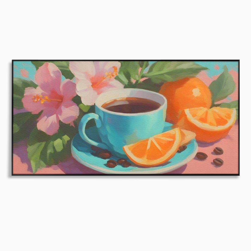 Tablou Canvas Premium, LuxCanva® N1050, Dimineti Tropicale, Ceasca, Cafea, Boabe, Portocale, Citrice, Flori, Prospetime, Exotic, Energie, Parfumat, Pub, Cafenea, Bar, Restaurant, Bucatarie