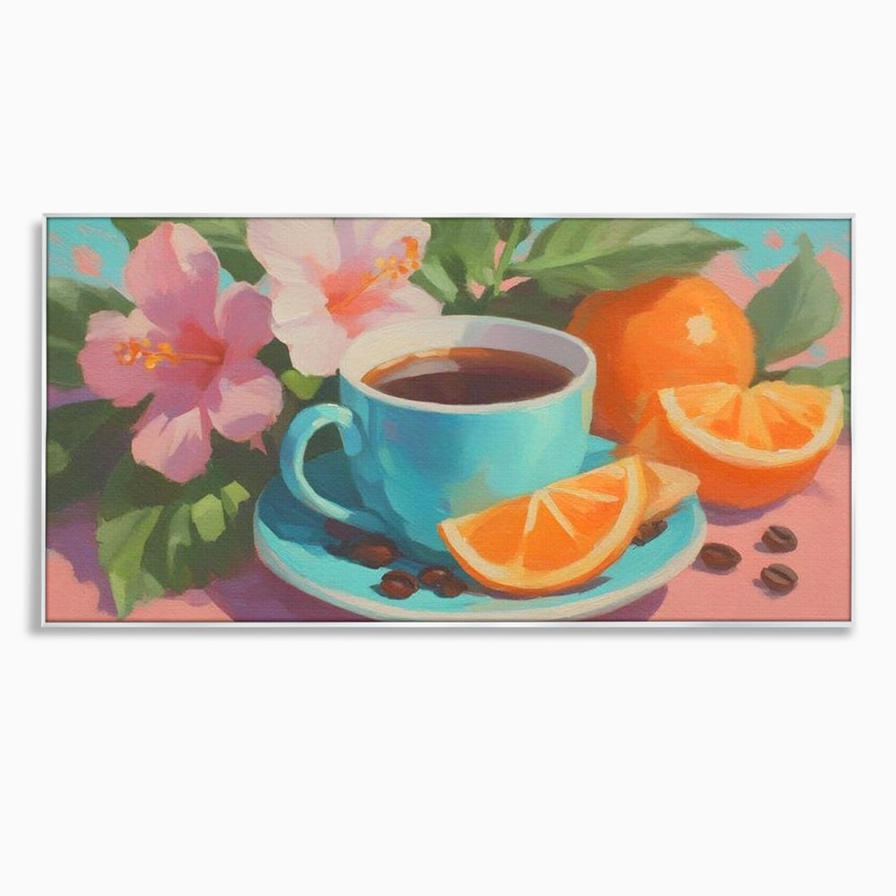 Tablou Canvas Premium, LuxCanva® N1050, Dimineti Tropicale, Ceasca, Cafea, Boabe, Portocale, Citrice, Flori, Prospetime, Exotic, Energie, Parfumat, Pub, Cafenea, Bar, Restaurant, Bucatarie