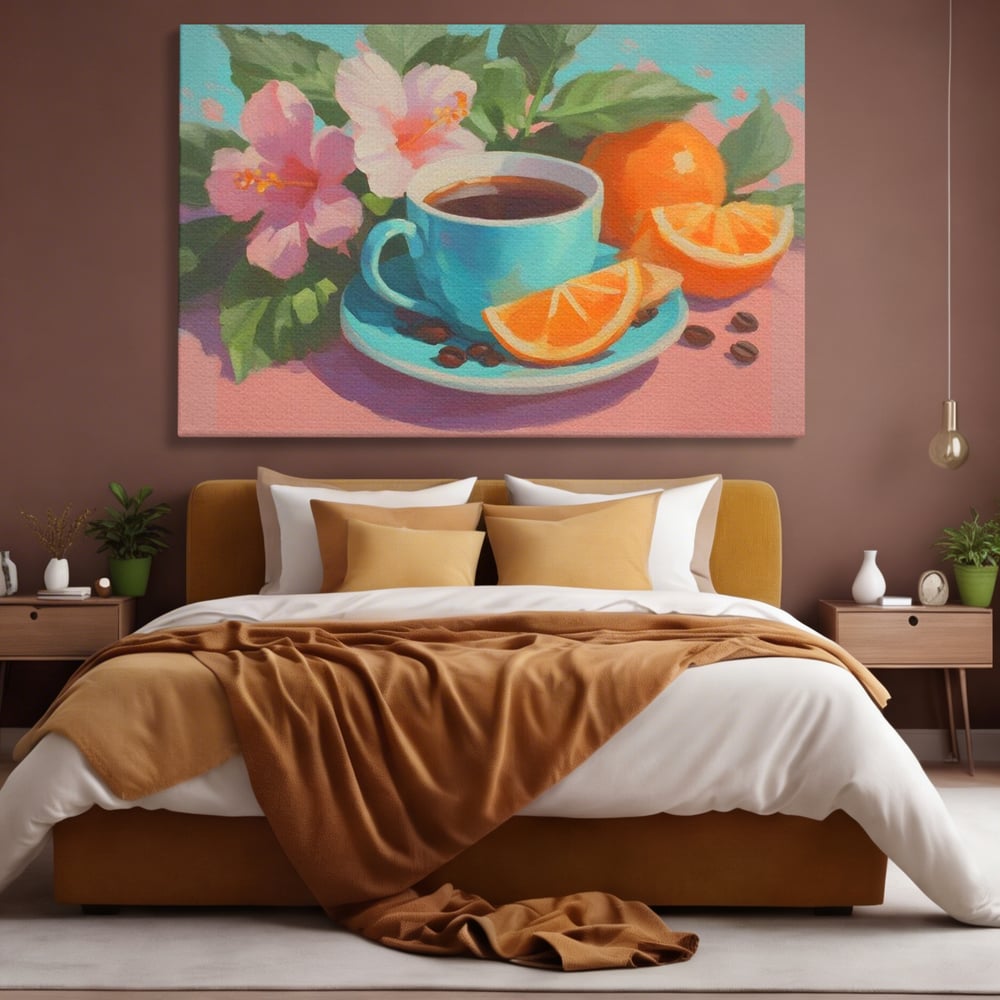 Tablou Canvas Premium, LuxCanva® N1050, Dimineti Tropicale, Ceasca, Cafea, Boabe, Portocale, Citrice, Flori, Prospetime, Exotic, Energie, Parfumat, Pub, Cafenea, Bar, Restaurant, Bucatarie