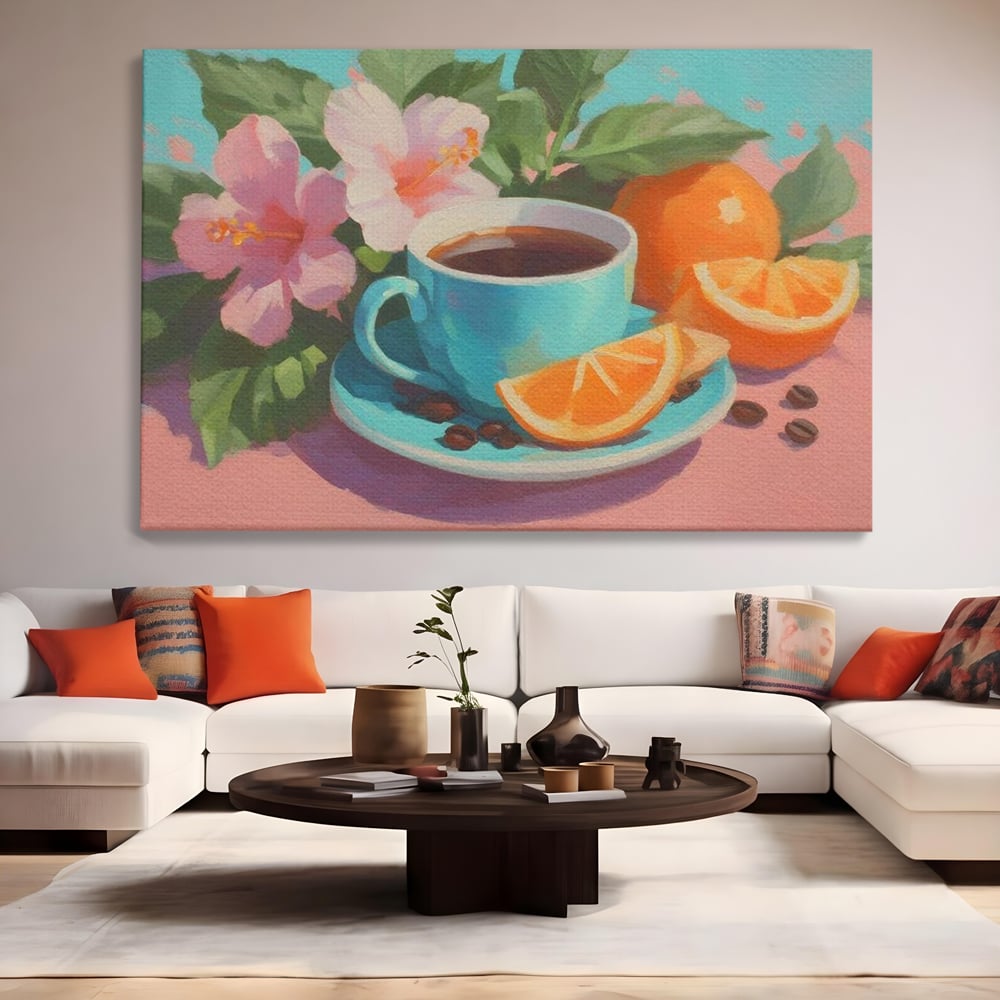 Tablou Canvas Premium, LuxCanva® N1050, Dimineti Tropicale, Ceasca, Cafea, Boabe, Portocale, Citrice, Flori, Prospetime, Exotic, Energie, Parfumat, Pub, Cafenea, Bar, Restaurant, Bucatarie