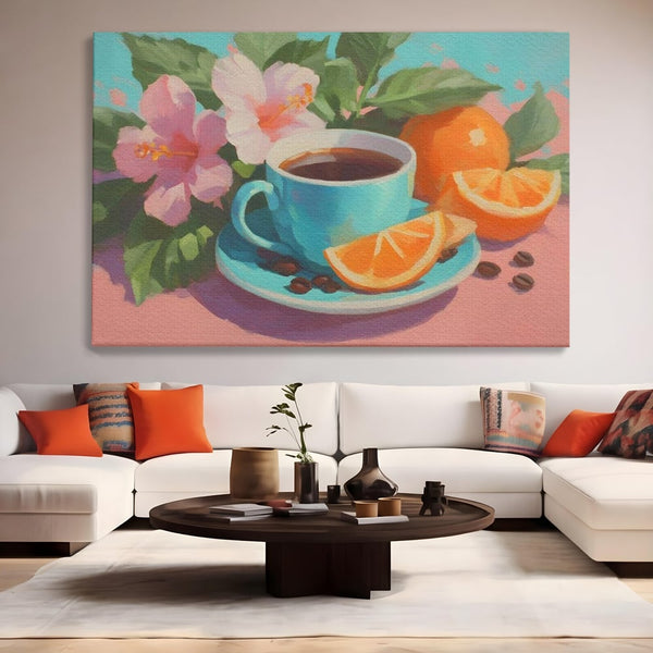 Tablou Canvas Premium, LuxCanva® N1050, Dimineti Tropicale, Ceasca, Cafea, Boabe, Portocale, Citrice, Flori, Prospetime, Exotic, Energie, Parfumat, Pub, Cafenea, Bar, Restaurant, Bucatarie