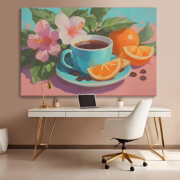 Tablou Canvas Premium, LuxCanva® N1050, Dimineti Tropicale, Ceasca, Cafea, Boabe, Portocale, Citrice, Flori, Prospetime, Exotic, Energie, Parfumat, Pub, Cafenea, Bar, Restaurant, Bucatarie
