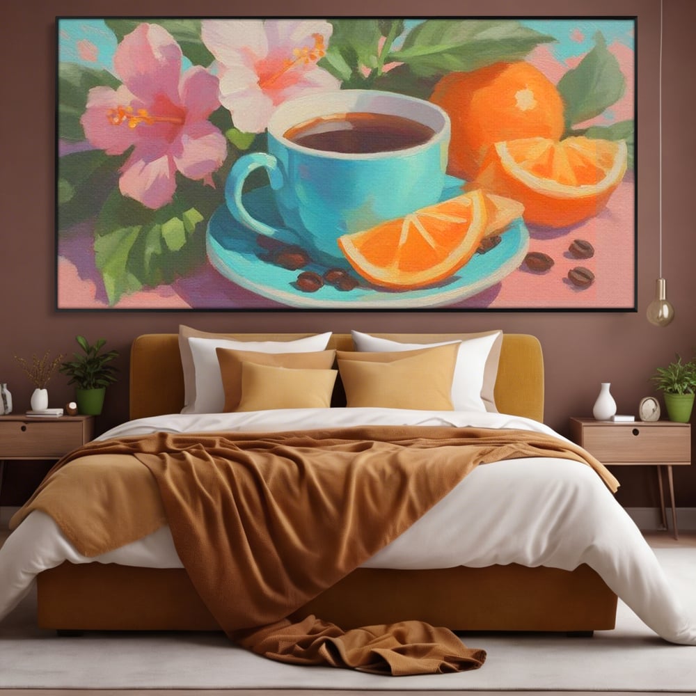 Tablou Canvas Premium, LuxCanva® N1050, Dimineti Tropicale, Ceasca, Cafea, Boabe, Portocale, Citrice, Flori, Prospetime, Exotic, Energie, Parfumat, Pub, Cafenea, Bar, Restaurant, Bucatarie