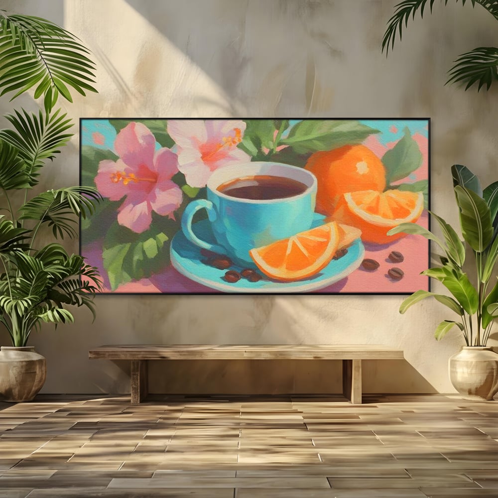 Tablou Canvas Premium, LuxCanva® N1050, Dimineti Tropicale, Ceasca, Cafea, Boabe, Portocale, Citrice, Flori, Prospetime, Exotic, Energie, Parfumat, Pub, Cafenea, Bar, Restaurant, Bucatarie