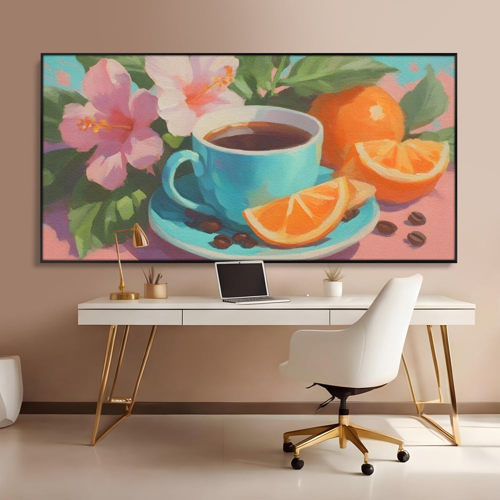 Tablou Canvas Premium, LuxCanva® N1050, Dimineti Tropicale, Ceasca, Cafea, Boabe, Portocale, Citrice, Flori, Prospetime, Exotic, Energie, Parfumat, Pub, Cafenea, Bar, Restaurant, Bucatarie