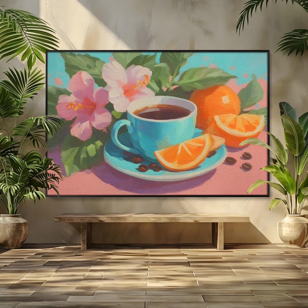 Tablou Canvas Premium, LuxCanva® N1050, Dimineti Tropicale, Ceasca, Cafea, Boabe, Portocale, Citrice, Flori, Prospetime, Exotic, Energie, Parfumat, Pub, Cafenea, Bar, Restaurant, Bucatarie