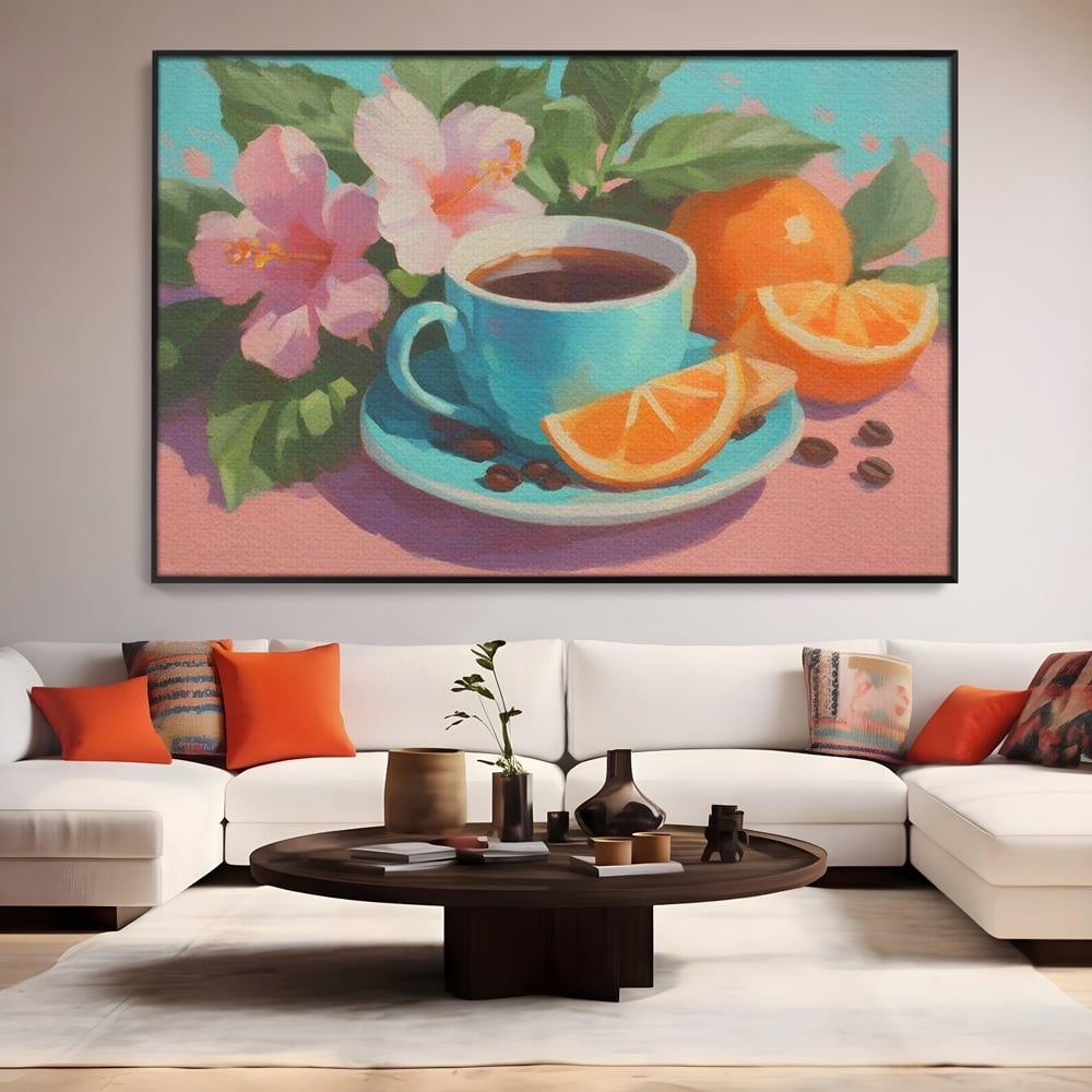 Tablou Canvas Premium, LuxCanva® N1050, Dimineti Tropicale, Ceasca, Cafea, Boabe, Portocale, Citrice, Flori, Prospetime, Exotic, Energie, Parfumat, Pub, Cafenea, Bar, Restaurant, Bucatarie