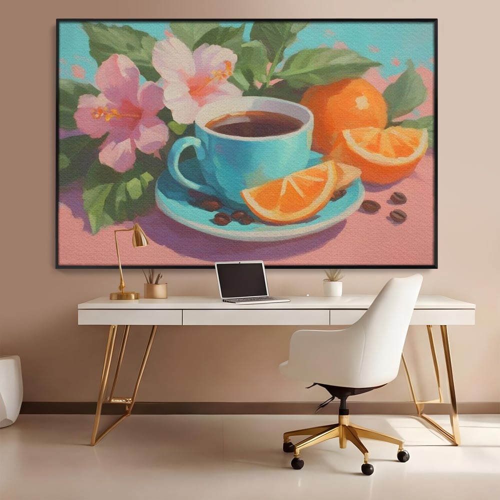 Tablou Canvas Premium, LuxCanva® N1050, Dimineti Tropicale, Ceasca, Cafea, Boabe, Portocale, Citrice, Flori, Prospetime, Exotic, Energie, Parfumat, Pub, Cafenea, Bar, Restaurant, Bucatarie