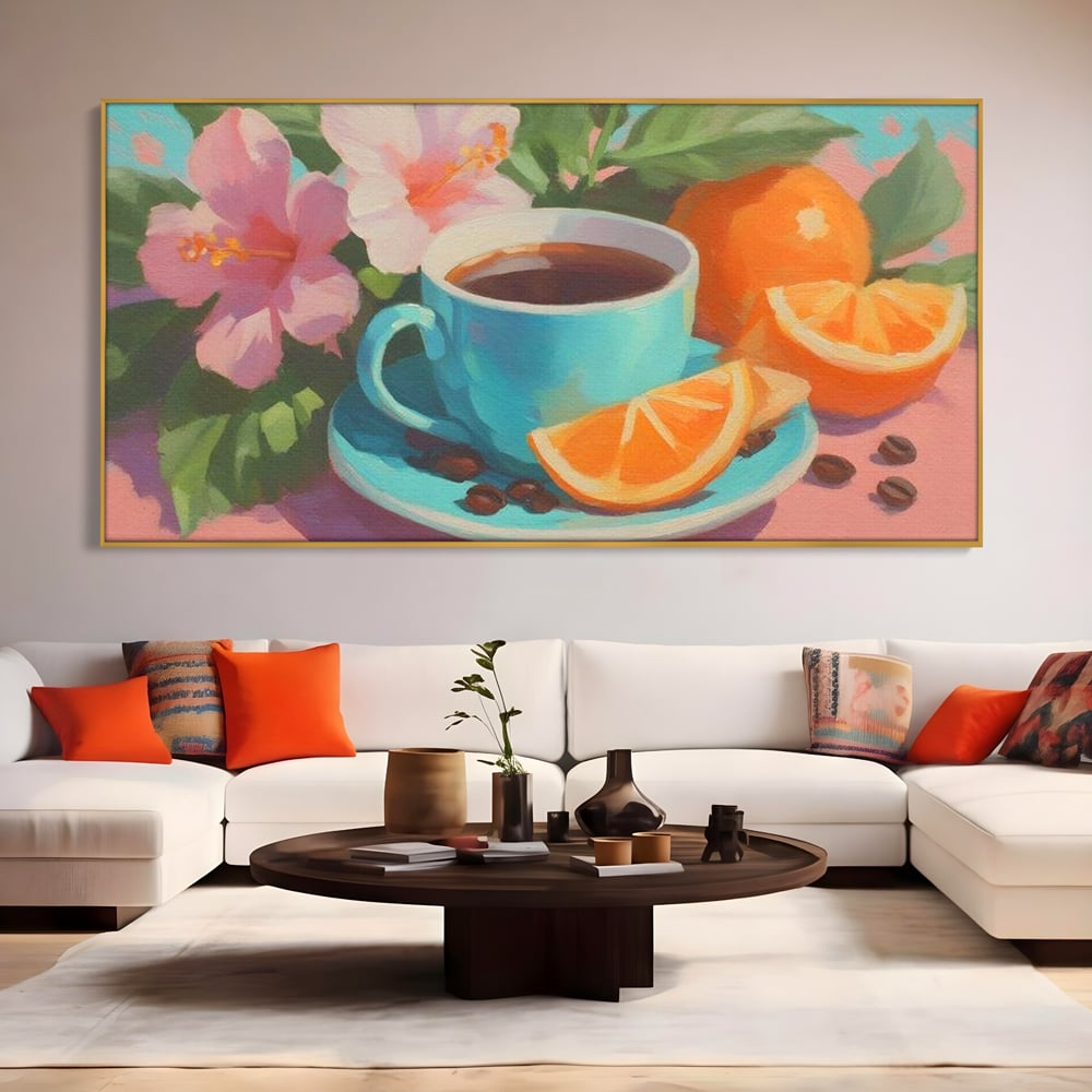 Tablou Canvas Premium, LuxCanva® N1050, Dimineti Tropicale, Ceasca, Cafea, Boabe, Portocale, Citrice, Flori, Prospetime, Exotic, Energie, Parfumat, Pub, Cafenea, Bar, Restaurant, Bucatarie