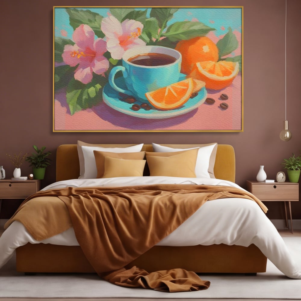 Tablou Canvas Premium, LuxCanva® N1050, Dimineti Tropicale, Ceasca, Cafea, Boabe, Portocale, Citrice, Flori, Prospetime, Exotic, Energie, Parfumat, Pub, Cafenea, Bar, Restaurant, Bucatarie