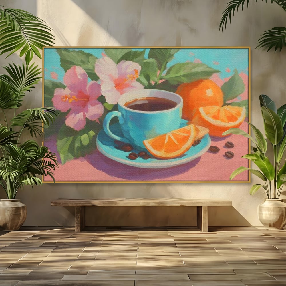 Tablou Canvas Premium, LuxCanva® N1050, Dimineti Tropicale, Ceasca, Cafea, Boabe, Portocale, Citrice, Flori, Prospetime, Exotic, Energie, Parfumat, Pub, Cafenea, Bar, Restaurant, Bucatarie