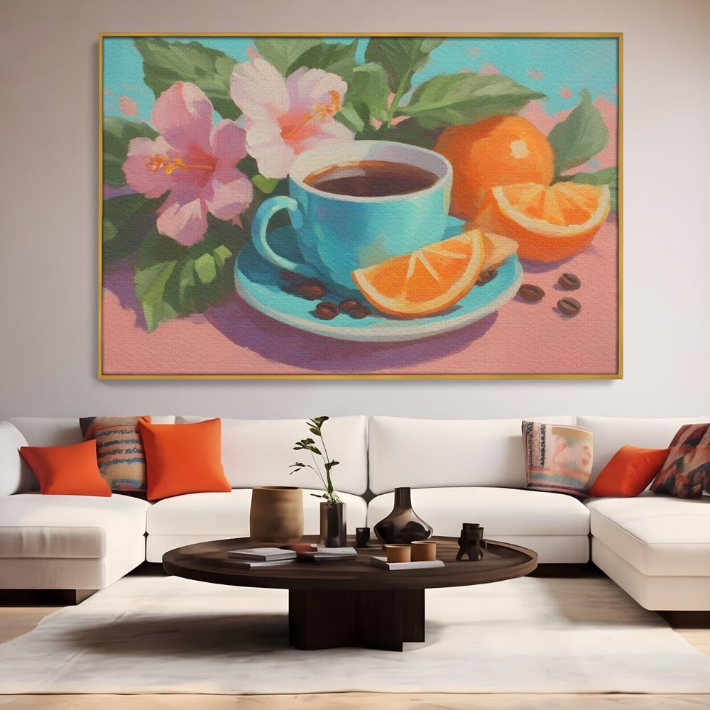 Tablou Canvas Premium, LuxCanva® N1050, Dimineti Tropicale, Ceasca, Cafea, Boabe, Portocale, Citrice, Flori, Prospetime, Exotic, Energie, Parfumat, Pub, Cafenea, Bar, Restaurant, Bucatarie