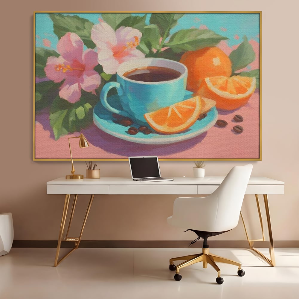 Tablou Canvas Premium, LuxCanva® N1050, Dimineti Tropicale, Ceasca, Cafea, Boabe, Portocale, Citrice, Flori, Prospetime, Exotic, Energie, Parfumat, Pub, Cafenea, Bar, Restaurant, Bucatarie