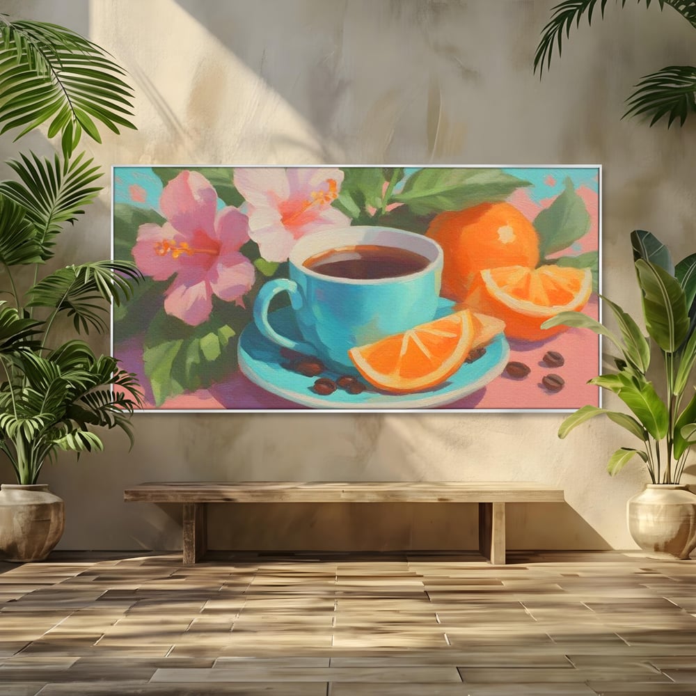 Tablou Canvas Premium, LuxCanva® N1050, Dimineti Tropicale, Ceasca, Cafea, Boabe, Portocale, Citrice, Flori, Prospetime, Exotic, Energie, Parfumat, Pub, Cafenea, Bar, Restaurant, Bucatarie
