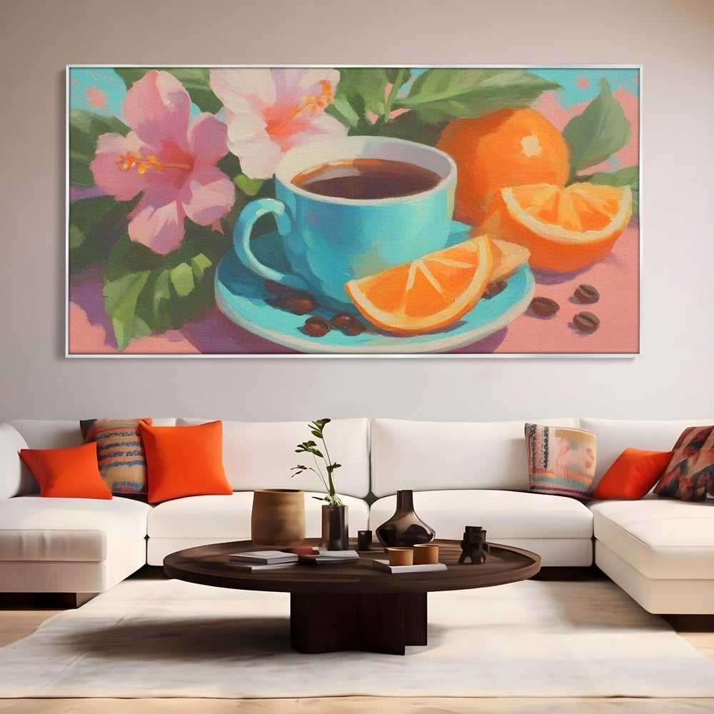 Tablou Canvas Premium, LuxCanva® N1050, Dimineti Tropicale, Ceasca, Cafea, Boabe, Portocale, Citrice, Flori, Prospetime, Exotic, Energie, Parfumat, Pub, Cafenea, Bar, Restaurant, Bucatarie