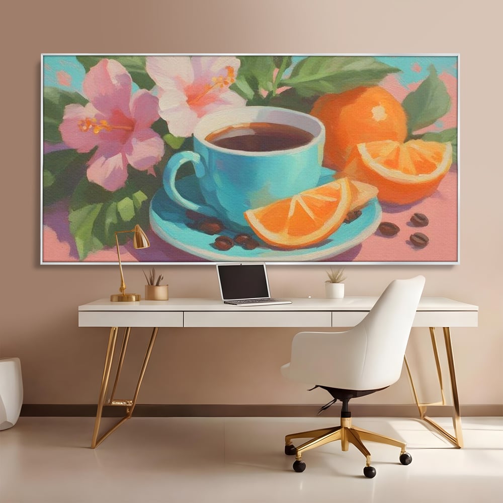 Tablou Canvas Premium, LuxCanva® N1050, Dimineti Tropicale, Ceasca, Cafea, Boabe, Portocale, Citrice, Flori, Prospetime, Exotic, Energie, Parfumat, Pub, Cafenea, Bar, Restaurant, Bucatarie